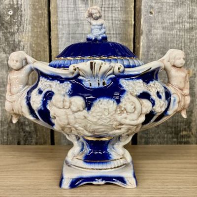 Sale Photo Thumbnail #12: Norleans Italian Ceramic Cobalt Blue and Gold Cherub Lidded Urn