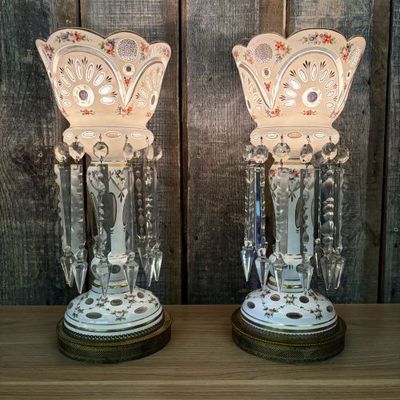 Sale Photo Thumbnail #9: A Pair of Bohemian White Cased Glass Mantle Luster Lamps