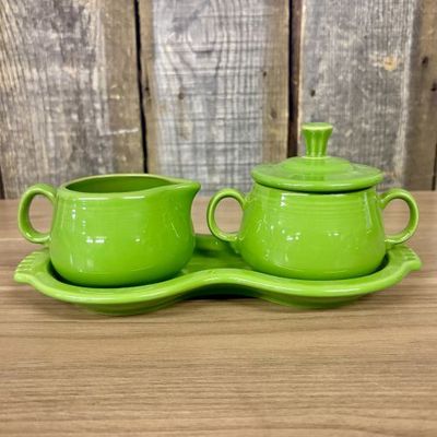 Sale Photo Thumbnail #140: A Homer Laughlin Fiesta Chartreuse Figure Eight Creamer and Sugar Set