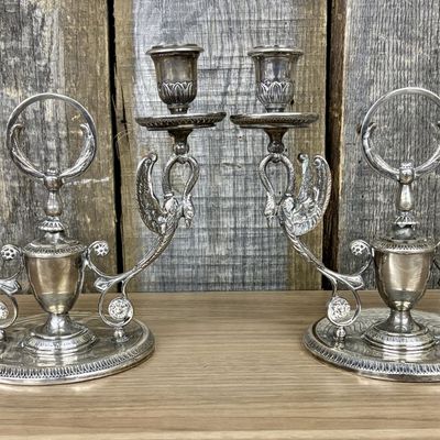 Sale Photo Thumbnail #442: A Pair of Empire Style Silver Plated Two Light Swan Candelabra