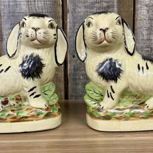 Sale Photo Thumbnail #2: A Pair of Staffordshire Style Ceramic Rabbit Figurines