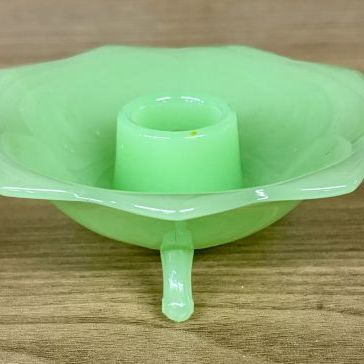 Sale Photo Thumbnail #377: Fenton Jadeite Glass Lotus Pattern Three Footed Candle Holder
