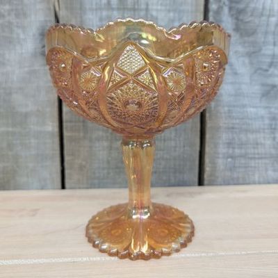 Sale Photo Thumbnail #260: Imperial Marigold Carnival Glass Star and File Pattern Footed Compote