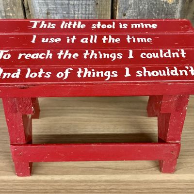 Sale Photo Thumbnail #400: Vintage Red Painted Child's Step Stool with Stenciled Poem
