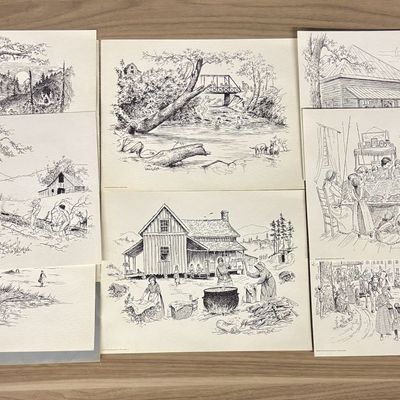 Sale Photo Thumbnail #396: John Kollock (American, 1928-2014) Collection of Seven Pen and Ink Illustrations for Grizzard Advertising