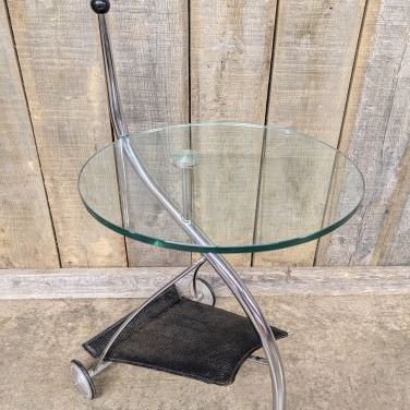 Sale Photo Thumbnail #171: Modern Chrome and Glass Mobile Side Table with Textured Sling Shelf