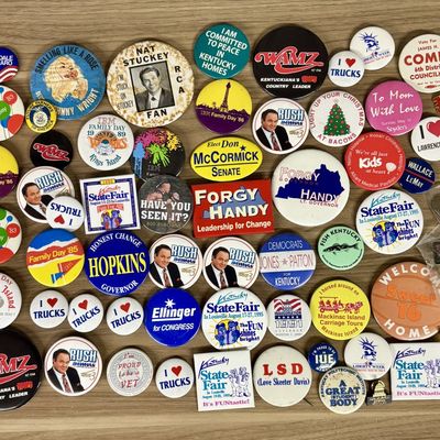 Sale Photo Thumbnail #404: An Assortment of Vintage Kentucky Interest Pinback Buttons and Lapel Pins, 1980s-1990s