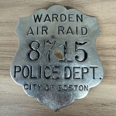 Sale Photo Thumbnail #250: WWII Scovill City of Boston Police Department Air Raid Warden Badge Number 8715