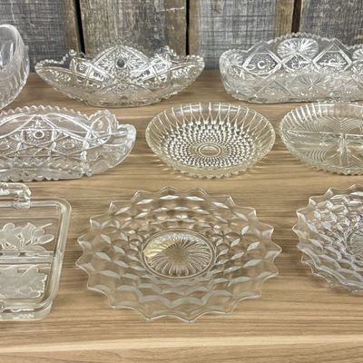 Sale Photo Thumbnail #456: Set of 9 Vintage Clear Pressed Glass Serving Pieces Including Fostoria American and Whirling Star Patterns