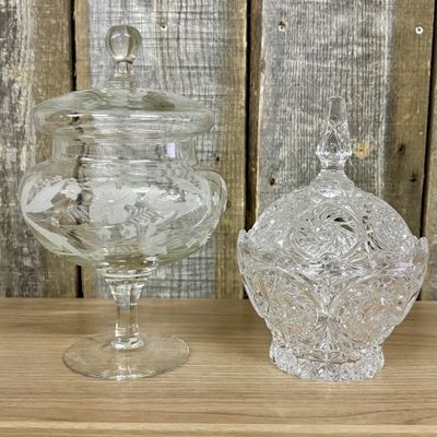 Sale Photo Thumbnail #373: Two Decorative Clear Glass and Cut Crystal Lidded Candy Dishes
