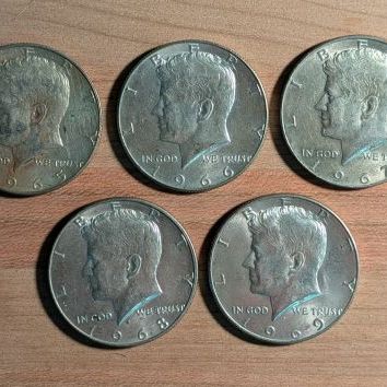 Sale Photo Thumbnail #322: Five US 1965-1969 40% Silver-Clad Kennedy Half Dollars
