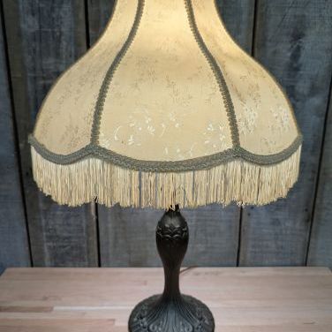 Sale Photo Thumbnail #182: Victorian Style Cast Metal Table Lamp with Fringed Fabric Shade