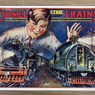Sale Photo Thumbnail #580: Lionel Trains Hallmark Great American Railways 1929 Catalog Cover Replica Embossed Metal Sign
