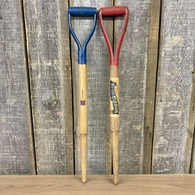 Sale Photo Thumbnail #507: A Pair of Vintage Belknap Blue Grass and Shapleigh Blue Ribbon D-Handle Tool Shafts