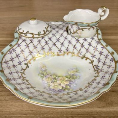Sale Photo Thumbnail #24: Nippon Hand Painted Porcelain Condiment Trio with Tray Creamer and Lidded Bowl