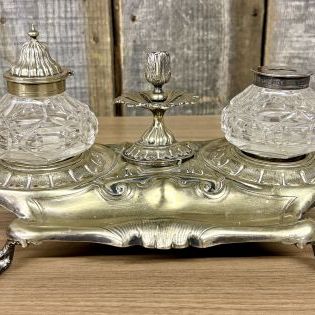 Sale Photo Thumbnail #20: Victorian Silver Plated Rococo Revival Inkstand with Twin Cut Glass Inkwells