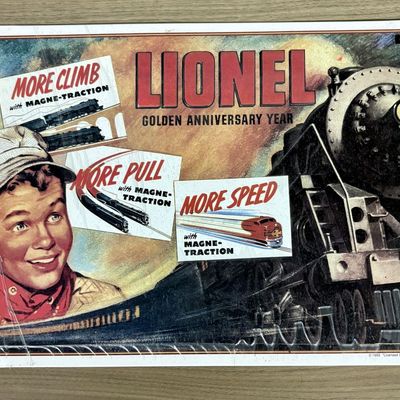 Sale Photo Thumbnail #579: Licensed Lionel Trains 1993 Embossed Tin Sign 1950 Golden Anniversary Advertising Reproduction