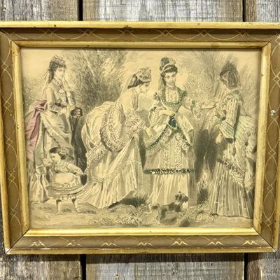 Sale Photo Thumbnail #389: Framed Hand-Colored 19th Century Victorian Fashion Engraving