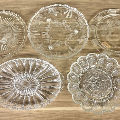 Sale Photo Thumbnail #457: An Assortment of Five Vintage Clear Pressed and Frosted Glass Serving Platters including Indiana Glass