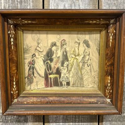 Sale Photo Thumbnail #388: Victorian Hand-Colored Fashion Plate Engraving in Inlaid Wood Frame