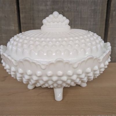 Sale Photo Thumbnail #255: Fenton Hobnail White Milk Glass Oval Footed Covered Candy Dish