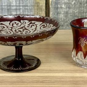 Sale Photo Thumbnail #46: Two Pieces of Ruby Glass including a Bohemian Compote and a 1917 Souvenir Mug