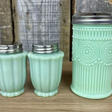 Sale Photo Thumbnail #130: A Trio of The Pioneer Woman Adeline Pattern Jadeite Style Glass Kitchen Shakers
