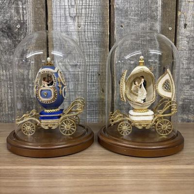 Sale Photo Thumbnail #36: A Pair of Musical Faberge Style Wedding Carriage Egg Figurines with Glass Cloches