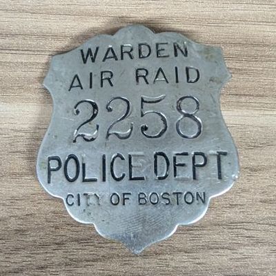 Sale Photo Thumbnail #238: WWII Boston Police Department Air Raid Warden Badge Number 2258 Mitchell Boston