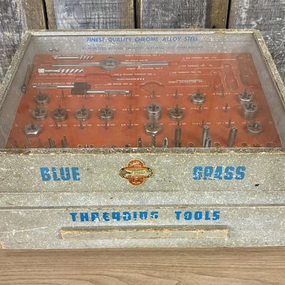 Sale Photo Thumbnail #503: Vintage Belknap Blue Grass Tap and Die Threading Tool Set in a Wooden Display Chest