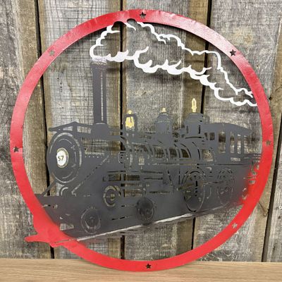 Sale Photo Thumbnail #586: Large Painted Cut-Metal Circular Wall Hanging Featuring a Steam Locomotive