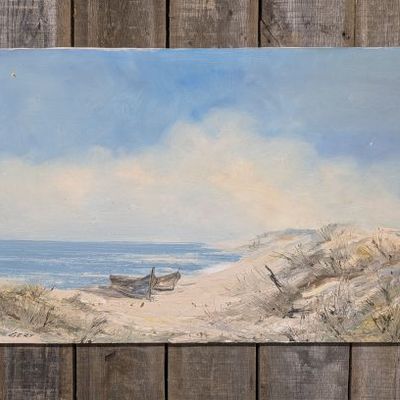 Sale Photo Thumbnail #175: Gert, Coastal Dune Landscape with Beached Rowboats, Oil on Canvas
