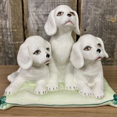 Sale Photo Thumbnail #11: A Trio of Italian Majolica Porcelain Puppies on a Cushion