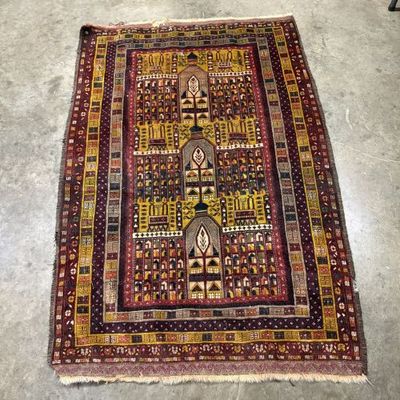 Sale Photo Thumbnail #156: Baluch Hand-Knotted Wool Tribal Rug with Triple-Mihrab Pattern