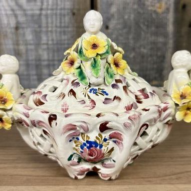 Sale Photo Thumbnail #16: Italian Reticulated Majolica Lidded Bowl with Putti and Applied Flowers
