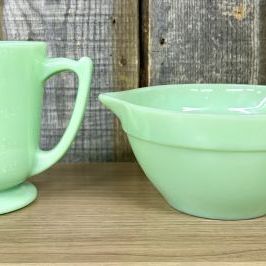 Sale Photo Thumbnail #131: Two Pieces of Fire-King Jade-ite Glassware Including 1-Quart Measuring Pitcher and Batter Bowl