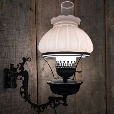 Sale Photo Thumbnail #330: Electrified Victorian Style Cast Iron Swivel Wall Sconce with Milk Glass Melon Shade