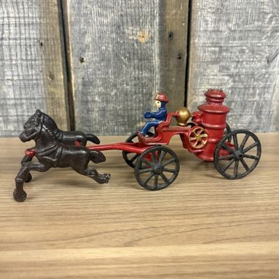 Sale Photo Thumbnail #83: Vintage Horse-Drawn Steam Fire Pumper Toy with Driver