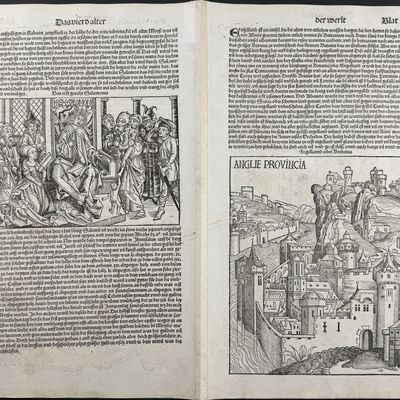 Schedel, pub. 1493 - Judgement of Solomon & English Town / Verso: Lineage of Christ