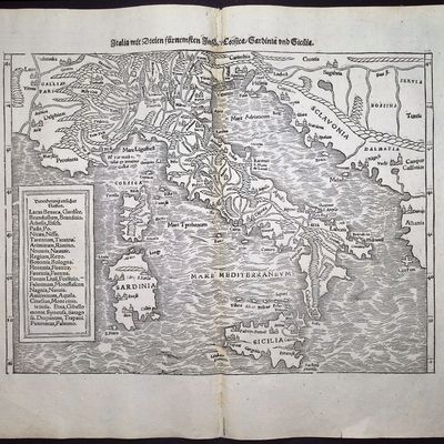 Munster, pub. 1574 - Map of Italy with Corsica, Sardinia, Sicily