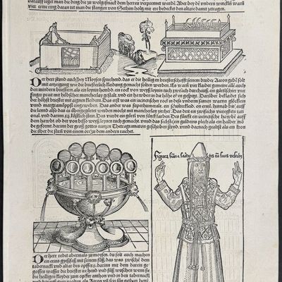 Schedel, pub. 1493 - Altar or Burnt Offerings, Bronze Laver, Vestments of High Priest / Verso: Ten Commandments