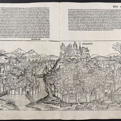 Schedel, pub. 1493 - View of Krakow, Poland (Cracovia) / Verso: Partial View of Lubeck, Germany