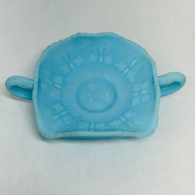 Sale Photo Thumbnail #174: FENTON BLUE SATIN BUTTERFLY BONBON, 1970S