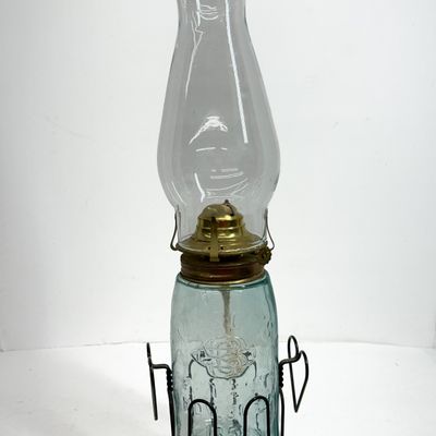Sale Photo Thumbnail #558: MASON'S PATENT AQUA GLASS OIL LAMP, CIRCA 1890