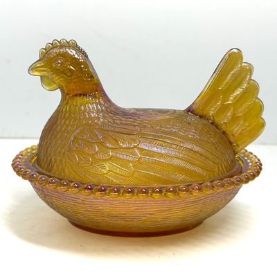 Sale Photo Thumbnail #228: INDIANA GLASS AMBER CARNIVAL HEN ON NEST