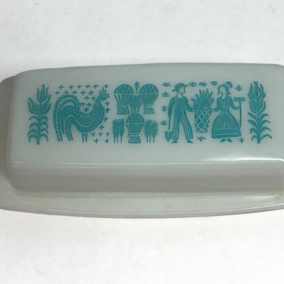 Sale Photo Thumbnail #380: Vintage Pyrex Butterprint Pattern Turquoise Blue Milk Glass Butter Dish