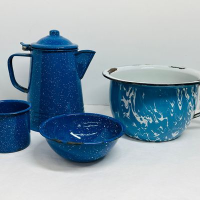 Sale Photo Thumbnail #256: BLUE ENAMELWARE CAMPING COLLECTION, 20TH CENTURY