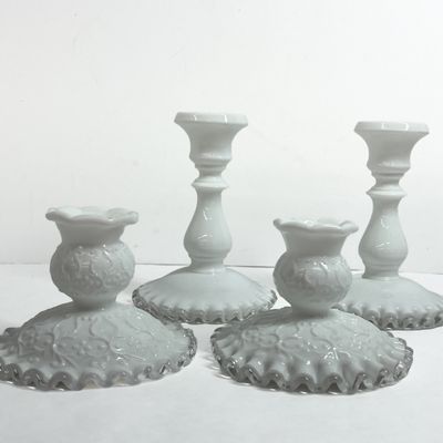 Sale Photo Thumbnail #374: FENTON SILVER CREST MILK GLASS CANDLESTICKS, MID-CENTURY