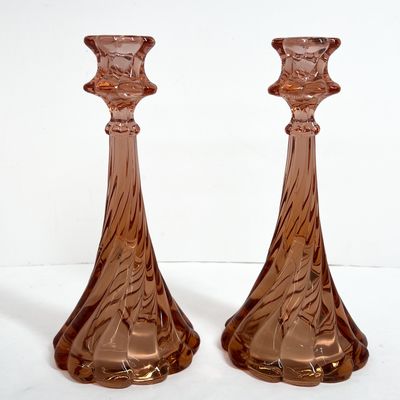 Sale Photo Thumbnail #373: A Pair of Fostoria Virginia Pink Candlesticks and a Set of Fenton Silver Crest Milk Glass Candlesticks