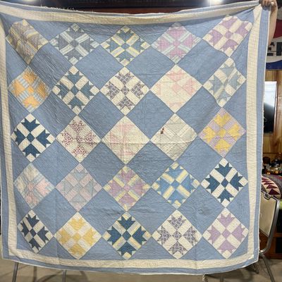 Sale Photo Thumbnail #367: Two Vintage Hand-Stitched Cotton Quilts Including Bear Paw and Spool Patterns